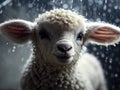 Cute little lamb in shower rain