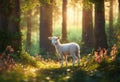 Cute little lamb standing alone in the forest among a sunlit trees Royalty Free Stock Photo