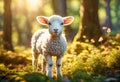 Cute little lamb standing alone in the forest among a sunlit trees Royalty Free Stock Photo