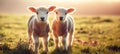 Cute little lambs on fresh spring green meadow during sunrise. Royalty Free Stock Photo