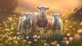 cute little lambs with sheep on fresh green meadow during sunrise Newborn lambs in flower field, cute summer landscape Royalty Free Stock Photo