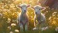 cute little lambs with sheep on fresh green meadow during sunrise Newborn lambs in flower field, cute summer landscape Royalty Free Stock Photo