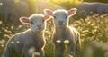 cute little lambs with sheep on fresh green meadow during sunrise Newborn lambs in flower field, cute summer landscape Royalty Free Stock Photo