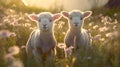 cute little lambs with sheep on fresh green meadow during sunrise Newborn lambs in flower field, cute summer landscape Royalty Free Stock Photo