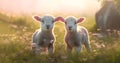 cute little lambs with sheep on fresh green meadow during sunrise Newborn lambs in flower field, cute summer landscape Royalty Free Stock Photo