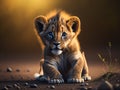 A cute little lion cub sits on the ground. Royalty Free Stock Photo