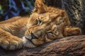 Cute little lion cub sleep. Generative AI