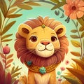 Cute little lion vivid color background. Cartoon style wild animal illustration, generative AI