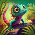 Cute little lizard vivid color background. Cartoon style reptile animal illustration, generative AI