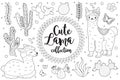 Cute little llama set Coloring book page for kids. Collection of design element sketch outline style. Kids baby clip art