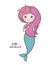 Cute little mermaid. Beautiful cartoon mermaid girl with pink hair