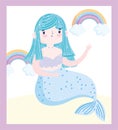 Cute little mermaid blue hair rainbows clouds fantasy cartoon
