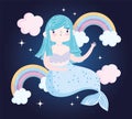 Cute little mermaid blue hair with rainbows clouds fantasy cartoon