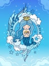 Cute little mermaid with fish, crown and long blue hair, surrounded by clouds, seaweeds.