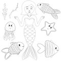 cute little mermaid, fishes, starfish and octopus, children vector coloring book, no color drawing, black outline Royalty Free Stock Photo