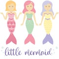 cute little mermaid girls with colored tails and hair - pink, yellow, lilac, green, set of baby vector elements, cartoon flat Royalty Free Stock Photo