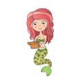 Cute little mermaid with green scaly tail and red hair holding box with golden treasure