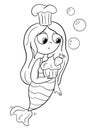 Cute little mermaid with muffin, Coloring book page for kids. Collection of design element, outline, kawaii anime chibi st