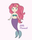 Cute little mermaid with pink hair cartoon style Royalty Free Stock Photo