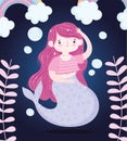 Cute little mermaid pink hair seaweed cartoon dark background