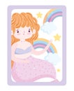 Cute little mermaid pink tail rainbows stars clouds cartoon