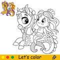 Cartoon cute and funny mermaid riding a seahorse coloring