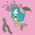 Cute little mermaid with sea animals. Under the sea in cartoon style