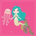 Cute little mermaid with sea animals. Under the sea in cartoon style