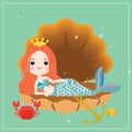 Cute little mermaid with sea animals. Under the sea in cartoon style