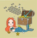 Cute little mermaid with sea animals. Under the sea in cartoon style Royalty Free Stock Photo