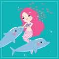 Cute little mermaid with sea animals. Under the sea in cartoon style