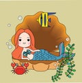 Cute little mermaid with sea animals. Under the sea in cartoon style