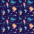 Cute Little Fantasy Underwater Mermaids Seamless Pattern Flat Vector Illustration