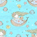 Cute little mermaid sleeping on a whale. Vector Royalty Free Stock Photo