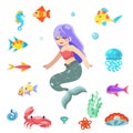 Cute little mermaid swimming under the sea fishes animals flat design vector
