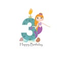 Cute little mermaid third birthday card three candle and marine life