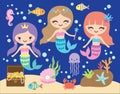 Cute Little Mermaid Under the Sea Vector Illustration