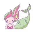 Cute Little Mermaid. Underwater Princess With Fish Tail In Green And Pink Colors Lying, Myth Of Kids Fairy Tale