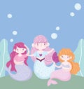 Cute little mermaids bubbles seaweed underwater fantasy cartoon