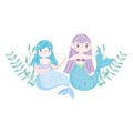 Cute little mermaids holding hands leaves decoration magic cartoon