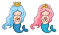 Cute little mermaids with long beautiful hair and crown.