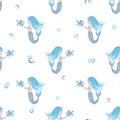 Cute little mermaids seamless pattern in blue colors Royalty Free Stock Photo