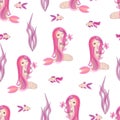 Cute little mermaids seamless pattern in pink and purple colors Royalty Free Stock Photo