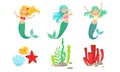 Cute Little Mermaids and Underwater World Elements Set, Fairytale Princess, Algae, Corals, Sea Shells Vector Royalty Free Stock Photo