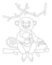 Cute little monkey eats a peeled ripe banana. A monkey sitting on a branch. Black and white contour vector illustration