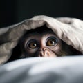 Cute little monkey hiding under a blanket in a dark room.