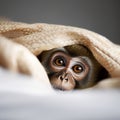 Cute little monkey hiding under a blanket in a dark room.