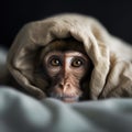 Cute little monkey hiding under a blanket in a dark room.