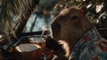 A cute little capybara is sitting on a table with a cup of coconut water Royalty Free Stock Photo