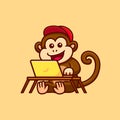 Cute little monkey working in front of a laptop cartoon illustration Royalty Free Stock Photo